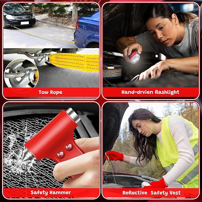 298PCS Roadside Emergency Car Kit- Car Emergency Kit with Jumper Cables, Roadside Emergency Kit for Vehicles, Emergency Car Kit, Car Safety Kits, Gloves,Tow Strap,Tool Kit,Reflective Warning Triangle