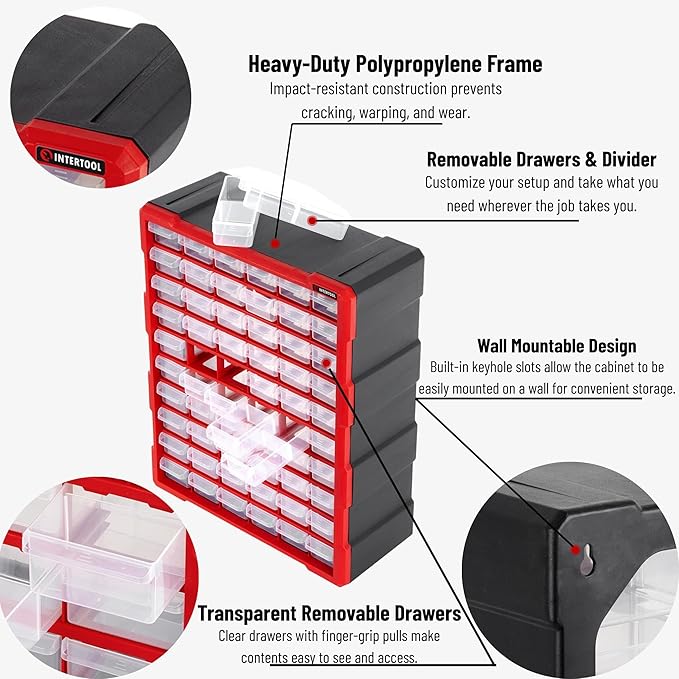 INTERTOOL Small Parts Organizer for Hardware & Screws | 60 Removable Bins with Dividers | Wall Mount or Desktop Craft & Lego Storage Cabinet | 19” x 15” x 7” BX08-4016