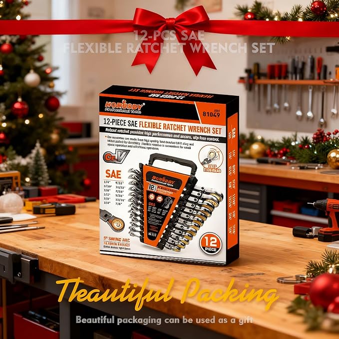 HORUSDY 12-Piece SAE Flex-Head Ratcheting Wrench Set with Organizer | 1/4” to 7/8“ Ratchet Combination Wrenches Set | 72-Teeth | Chrome Vanadium Steel
