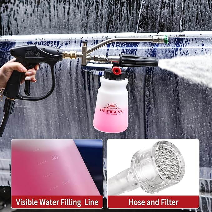 FENG PAI Foam Cannon with Pressure Washer Gun and Dual Connector, 3-in-1 Short Lance Accessory for Snow Foam Cannon, Power Washer Blaster Kit for Car Washing and Cleaning, Sprayer Bottle 1L 4000 PSI
