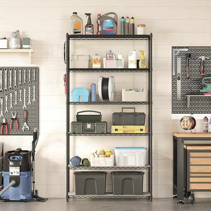 SONGMICS 6-Tier Storage Shelves, Wire Shelving Unit, Kitchen Metal Shelves, Storage Rack with Adjustable Shelves, Shelf Liners, 8 Hooks, for Garage, 13.8 x 35.4 x 69.7 Inches, Black ULGR096B01