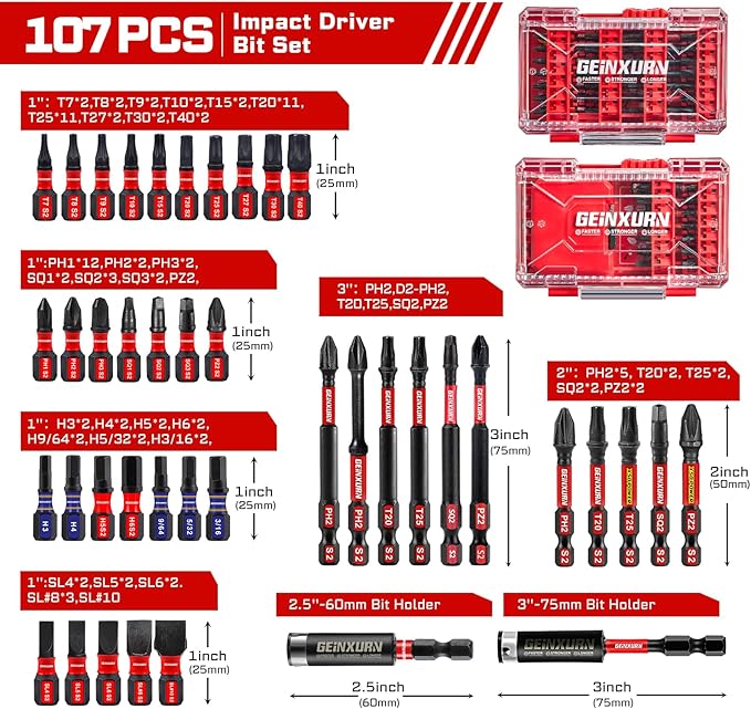 Geinxurn 107Pieces Impact Screwdriver Bits Set, Magnetic S2 Steel 1”/2”3”Phillips/Square/Torx/Slotted/Hex/Pozi Bits Tips and Impact Bit Holder with Storage Box Case