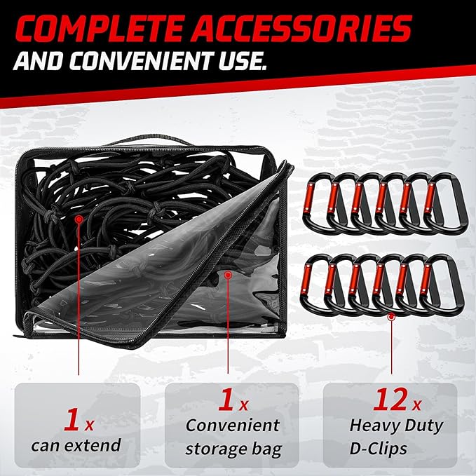 Heavy Duty Cargo Net for Pickup Truck Bed - Stretches from 5' x 7' to 15' x 21' - 12 Metal Carabiners - Compatible with Ford, Dodge RAM, Chevy, Toyota - Ideal for (Black, 5X7 Feet)