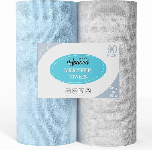 HONOVA Microfiber Cleaning Cloth Roll 90 Pack, Tear Away Microfiber Towels, 12" x 12", Reusable Paper Towels, All Purpose Paper Towels for Kitchen, Window, Car, Shop(Blue&Grey)