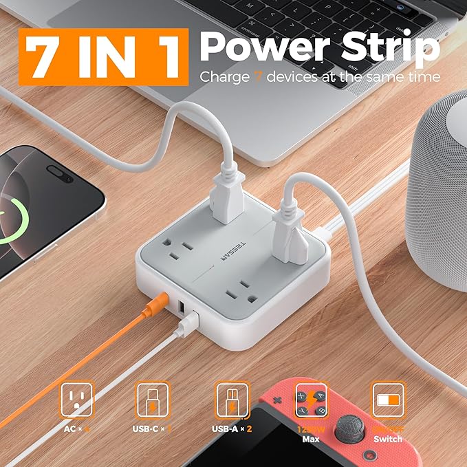 TESSAN Surge Protector Flat Extension Cord 1Ft, Ring Plug Power Strip with 4 Outlets 3 USB Ports (1 USB C), 900 Joules Protection, Multiple Wall Outlet Extender Suitable for Home Office Dorm, Grey