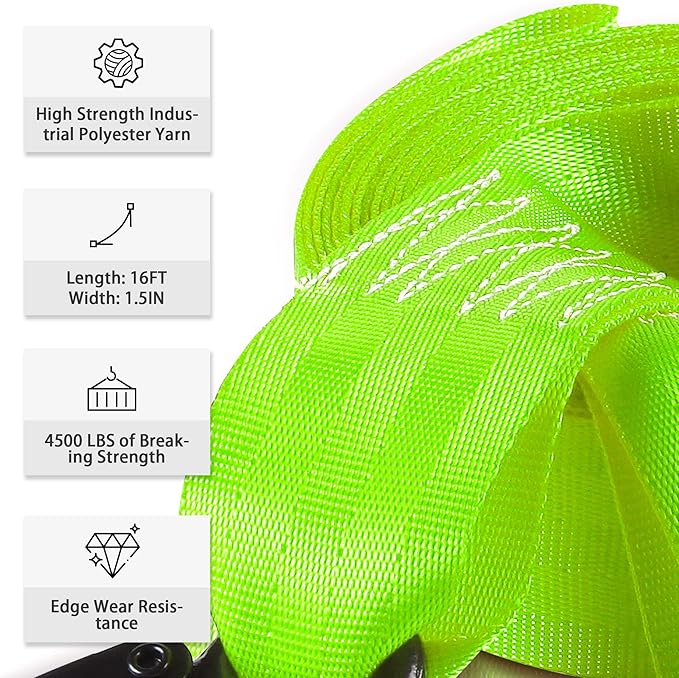 Trailer Winch Strap with Hook, 1.5in 16ft Heavy Duty Boat Winch Strap with 4500lbs Break Strength for Towing Vehicles, Boats, Trailer, Towing (Green)