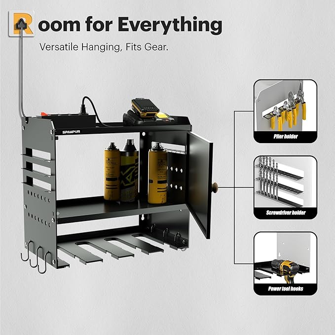 Spampur Power Tool Organzier with Charging Station, Garage Storage Cabinet with Doors and Shelves, Metal Wall Mount Rack with 4 Drill Holder/4 Outlet Power Strip, Tool Rack for Workshop/Shed/pegboard