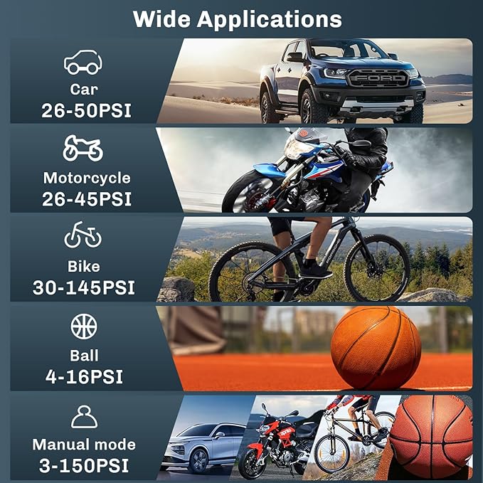 Tire Inflator Portable Air Compressor, 150PSI Cordless Electric Bike Pump, Portable Tire Inflator with LCD Pressure Gauge & LED Light, Portable Air Pump for Car, Motorcycle, Bicycle, Balls