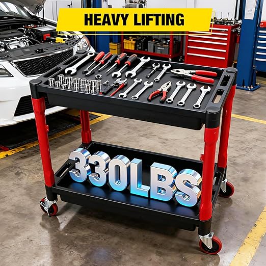 2-Tier Rolling Utility Cart with 4" Swivel Wheels, Heavy-Duty Plastic Tool Cart for Auto Detailing, Garage & Workshop