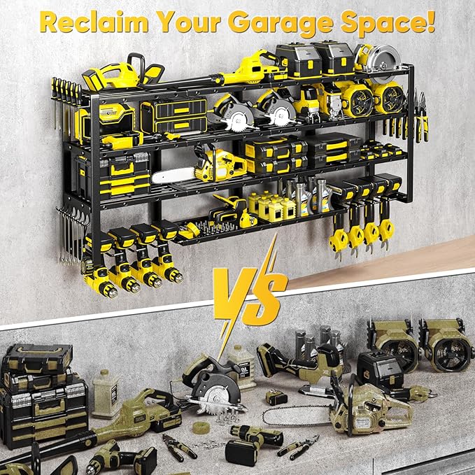 POKIPO Extra Large 64" W Power Tool Organizer Wall Mount, Load 1000 lbs, Heavy Duty 4 Tier Garage Storage Rack with 8 Drill Holders, 2 in 1 Corner or Straight Installation