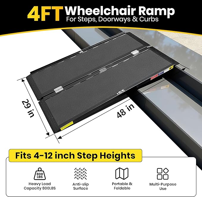 4FT Portable Wheelchair Ramp with Quick-Lock, Black Seamless Non-Slip Aluminum Folding Handicap Ramp,Threshold Ramp for Doorways, Wheel Chair Ramp for Home Steps, Loading Dock Plates