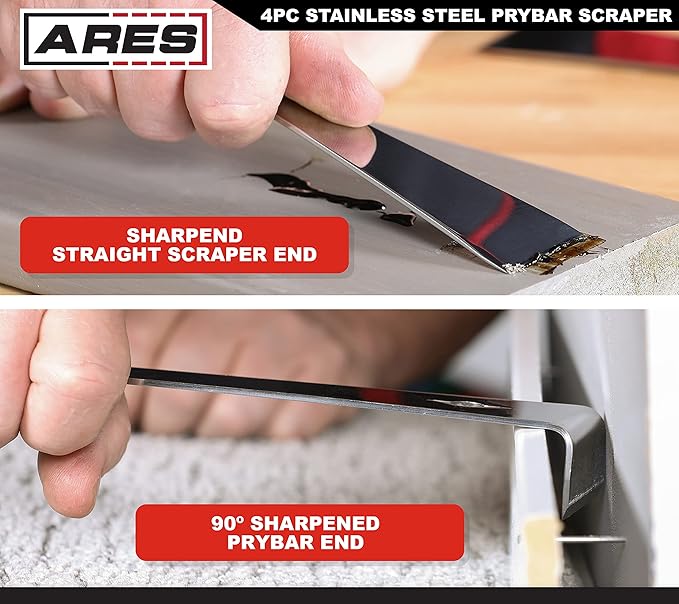 ARES 46020-4-Piece Stainless Steel Prybar Scraper Set - Ultra Sharp Scrapers Remove Residue from Steel, Aluminum, and More - Prybar Ends Offer Extra Leverage - Built-In Nail Puller and Bottle Opener