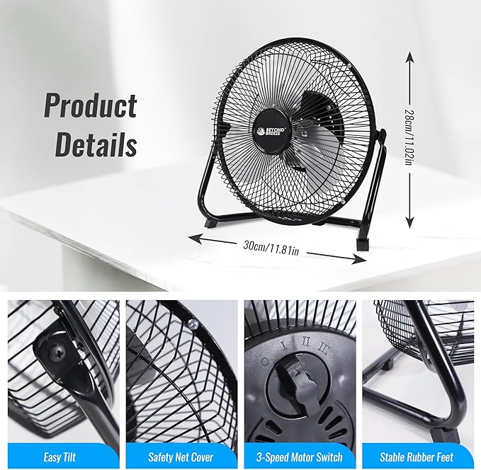 BEYOND BREEZE Floor Fan 9 Inch, 3-Speed Portable Metal Fan with Adjustable Tilt, Quiet Small Cradle Floor Fan for Home, Office, Bedroom