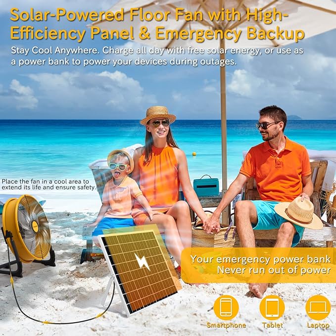 T-SUNUS 12" Solar Floor Fan with 20W Panel & 13200mAh Battery, 1500 CFM Strong Airflow, 4.5-27H Runtime, USB Phone Charging, 360° Tilt, Quiet for Camping, Patio, Garage, Shed, Tent, RV, Outdoor