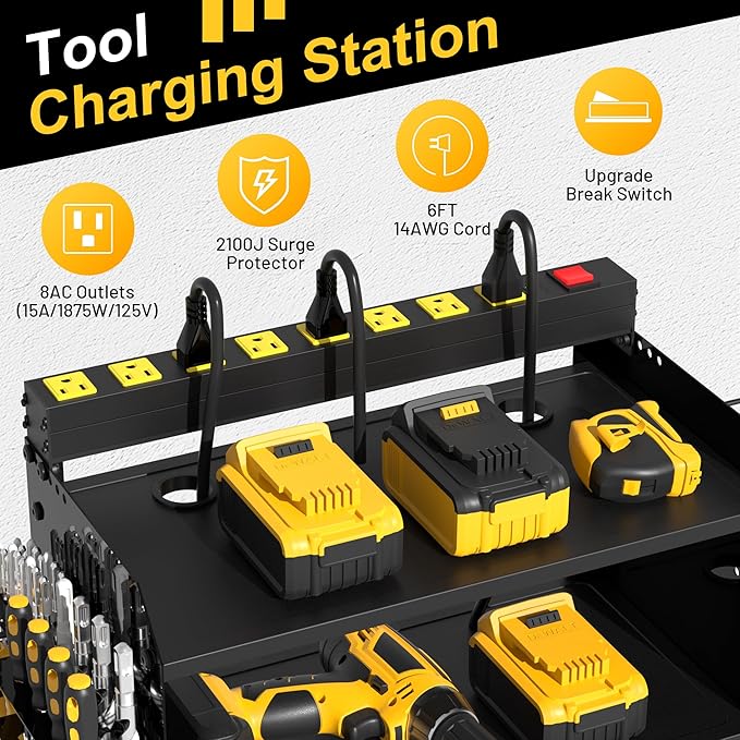 4-Layer Wall-Mounted Power Tool Organizer Rack,Heavy Duty Adjustable Shelves Organizer for Cordless Power Tool Batteries,Space-Saving Garage & Workshop Charging Station 8 Outlets Power Strip