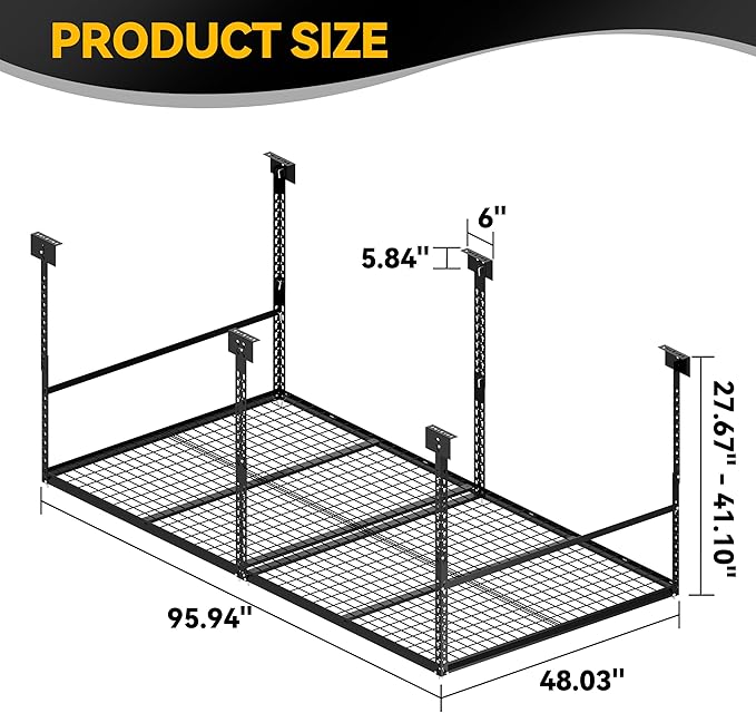 4x8 Ft Overhead Garage Storage Rack, 28-41 inch Height Adjustable Ceiling Mounted Organization Rack, 700 lbs Weight Capacity, 48"x96" Metal Rack for Garage Storage with Wire Decking