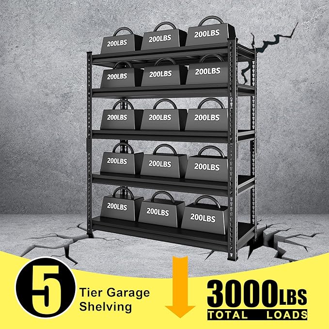 48" W Garage Storage Shelves Heavy Duty, 3000LBS Loads Adjustable Garage Shelving, 5-Tier Metal Shelving Units and Storage Racks, Industrial Utility Shelf,48" Wx24 Dx78 H, Black