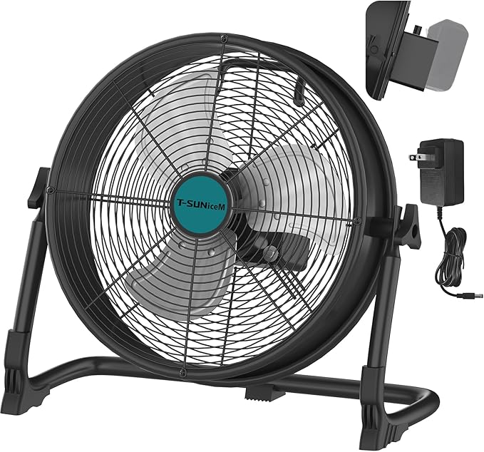 12" Battery Operated Floor Fan Compatible with Makita18V Battery, Portable Fan with AC Adapter and USB Output, Metal Industrial High Velocity, Stepless Speed Cordless Fan for Jobsite Garage Camping