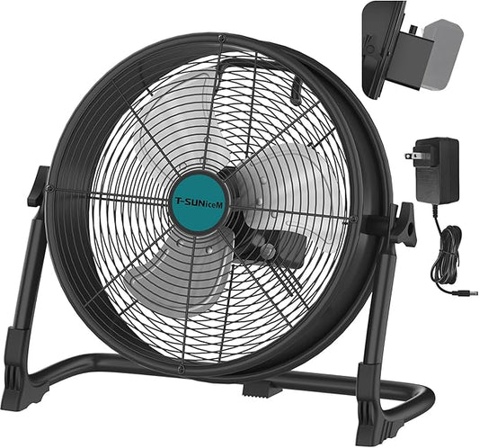 12" Battery Operated Floor Fan Compatible with Makita18V Battery, Portable Fan with AC Adapter and USB Output, Metal Industrial High Velocity, Stepless Speed Cordless Fan for Jobsite Garage Camping