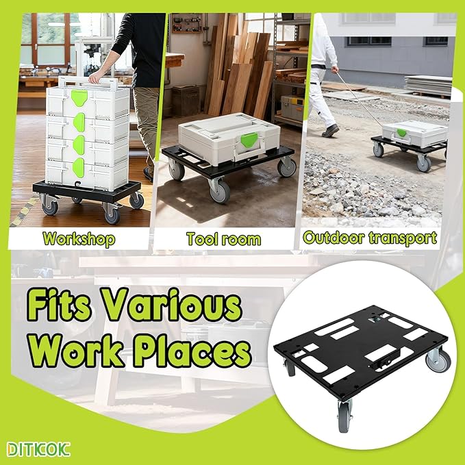 Metal Tool Cart for Festool with 4 Rollers, Black Systainer Cart for Festool for Easy Transport of Systainer & T-Loc System, Roll Board with Feedthroughs for Straps (No Toolbox)