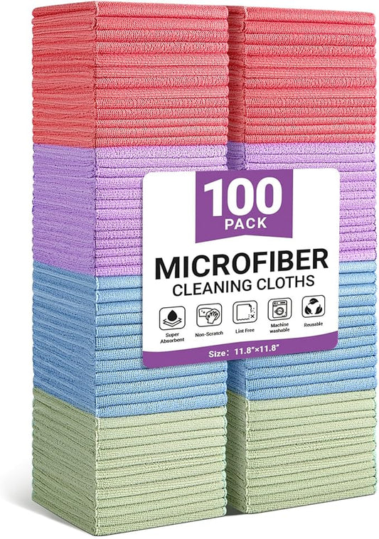 Microfiber Cleaning Cloth, 100 Pack Assorted Color Cleaning Rags for Housekeeping, Colorful Reusable Microfiber Towels for Car, Kitchen, Bathroom and Household Cleaning Supplies, 11.8"X11.8"