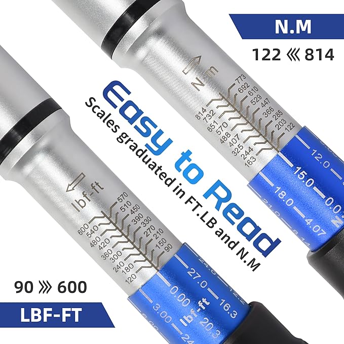 3/4-Inch Drive Click Torque Wrench, Dual-Direction Click Professional Torque Wrench 100-600FT.LB/135-815N.M, Dual Range Scales Graduated in FT.LB and N.M