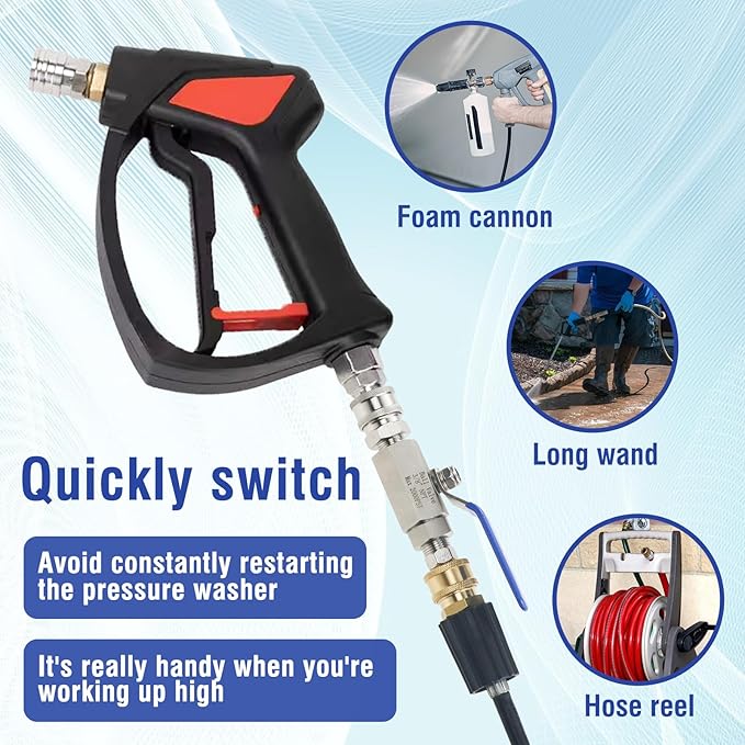 Pressure Washer Ball Valve Kit, NPT 3/8 Stainless Steel High Pressure Shut off Valve with Long Hand and 3/8" Quick Connect for Switching Power Washer Hose/Gun, Foam Cannon, Wand, 2000PSI