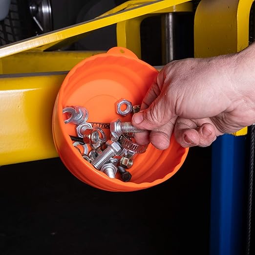 OEMTOOLS 25332 Orange Magnetic Nut Cup, Curved Magnetic Parts Tray Holds Up to 5 Pounds, Attaches To Metal Surfaces, Multi-Use Nuts And Bolts Organizer Made From Durable ABS Plastic