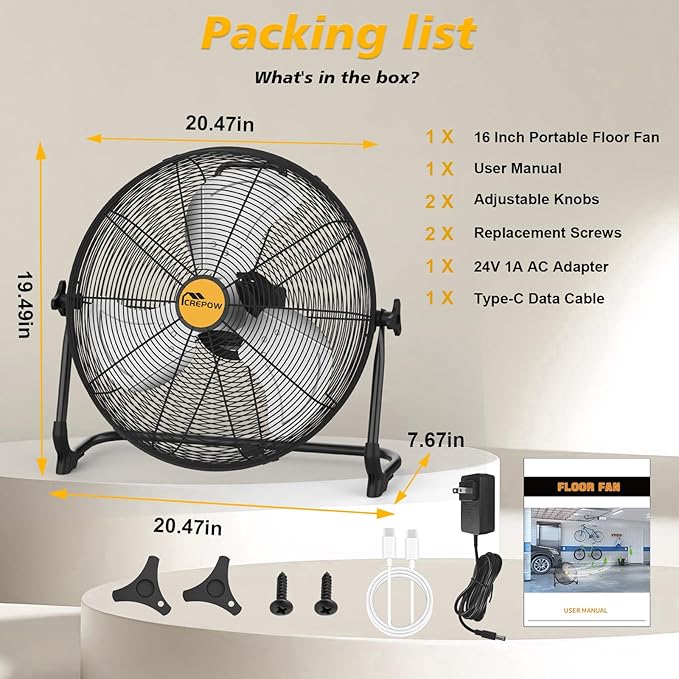 16" Battery Operated Floor Fan Compatible with Dewalt 20V Max Battery, Portable Cordless Fan with AC Adapter, USB and Type C Output, Variable Speed Fans for Jobsite Garage Camping (No Battery)