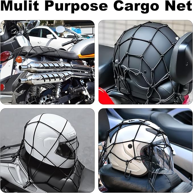 JAGASOL Cargo Nets for Motorcycle Helmet 16"X16" Elastic Bungee Net Storage Featuring 6 Hooks Tight 2"x2" Mesh Luggage Strap Rack Expansion Organizer Net Pocket for Motorbike E-Bike Trike 2 Pcs