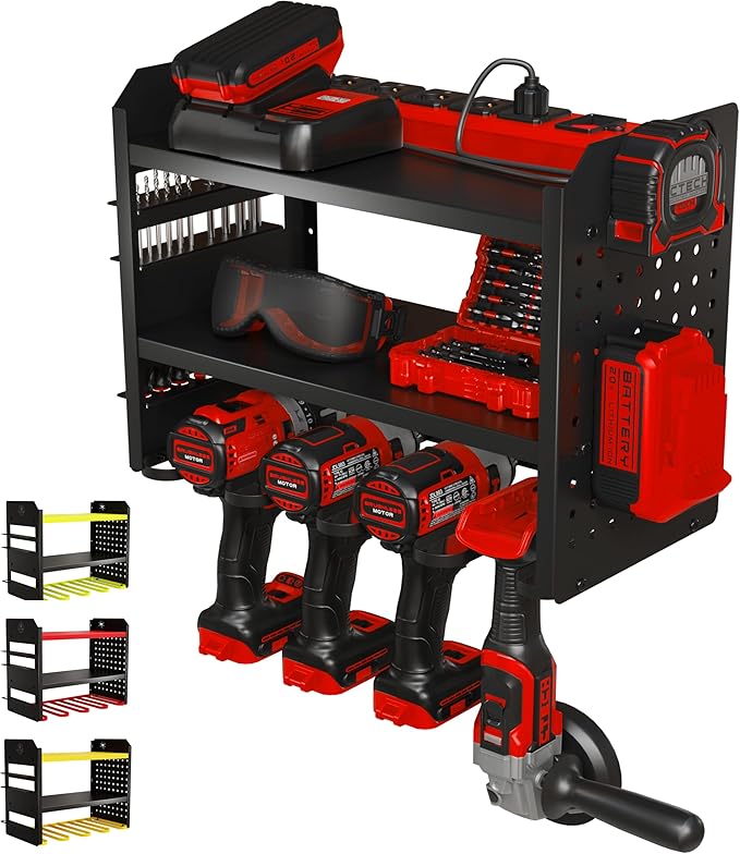 BUILTSTRONG Power Tool Organizer Wall Mount - 3-Tier Heavy-Duty Metal Hand Tool Storage Rack, Utility Racks, Drill Holder, PegBoard Side, & More - Garage Storage Cordless Tool Organizer (Black)