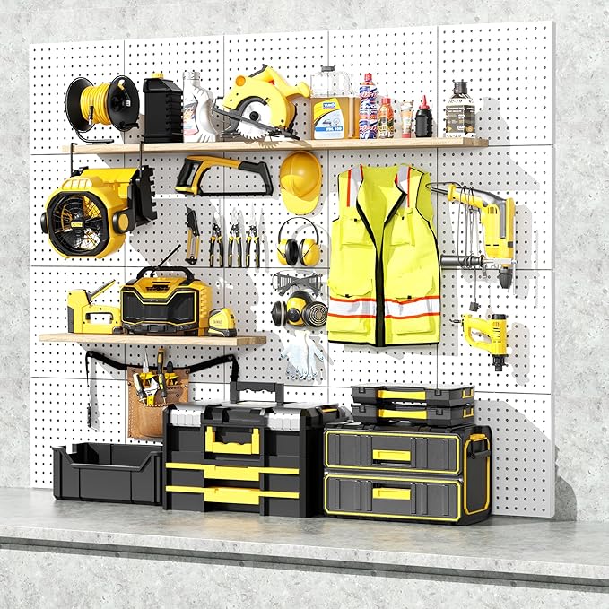Peg Board, 6PCS Metal Pegboard, Heavy Duty pegboard Wall Organizer with Frame. White pegboard for Walls, Garage, Workbench, Craft Room Tool Organization, Metal peg Board Panels 12in*12in