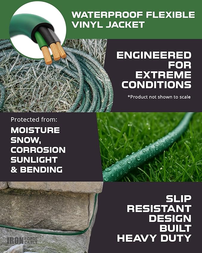 Iron Forge Cable 20ft Green Outdoor Extension Cord with 3 Outlets - 16/3 SJTW 20ft Extension Cord 3 Prong, 13 Amp All-Weather Heavy Duty Power Cable
