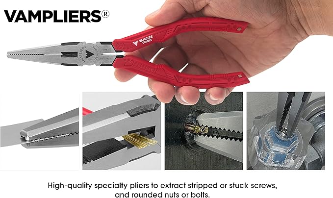 VAMPLIERS 4-PC Screw Extractor Pliers Set. Made in Japan: 8" Linesman, 7.5" Long Nose, 6.25" Black Oxide & 5" ESD Safe Mini Plier. Remove any Stripped/Damaged/Rusted Fasteners