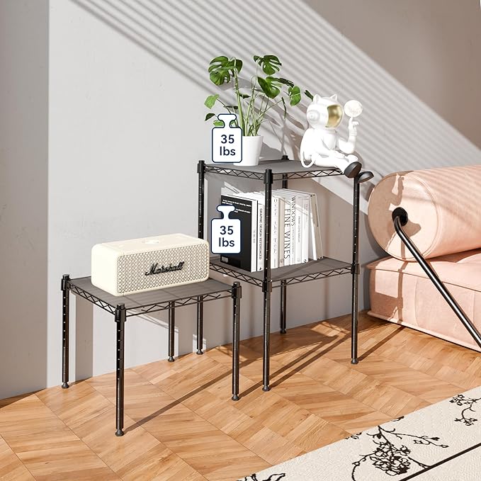 Whitmor 1 Tier Supreme Stacking Shelving Unit, Wire Metal Home Storage Organizer, 15" L x 14" W x 15" H, Black W/Liner