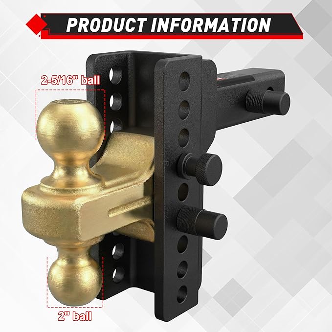TYT Adjustable Truck Trailer Hitch for 2.5 inch Receiver, 6" Drop/Rise Tow Hitch with Dual Balls (2" & 2-5/16"), 14,000 lbs GTW, 1,400 lbs TW, Includes Two Pin Locks & Hitch Tightener
