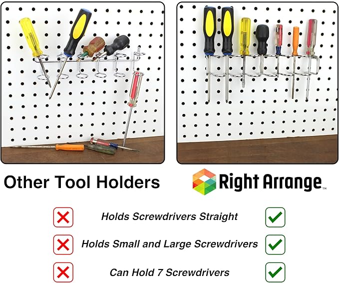 Pegboard Screwdriver Holder, 2-Pack - Hooks to Any Peg Board - Screwdriver and Pliers Rack Accessory Tool Organizer - Organization Accessory for Workbench, Garage, Tool Shed, Craft Room