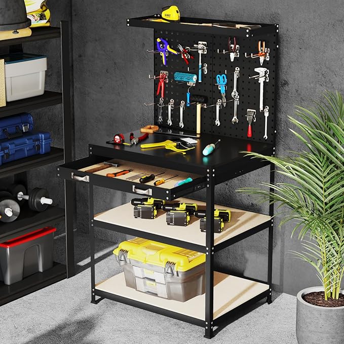 Goplus Workbench with Drawer, 32" x 16" Heavy-Duty Work Table with 2 PCS Pegboard & 4 Shelves, 19 Hanging Hooks, 495LBS Capacity, Metal Tool Storage Work Bench for Garage, Workshop, Home