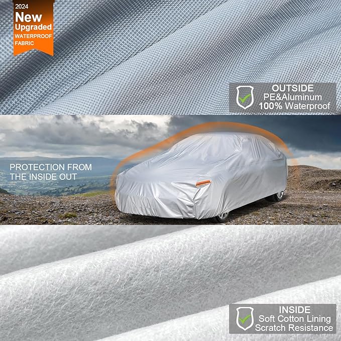 Kayme 6 Layers Car Cover Waterproof All Weather for Automobiles, Outdoor Full Cover Rain Sun UV Protection, Universal Fit for Nissan Versa/350Z/370Z, Porsche 718 Cayman, Dodge Viper (Up to 177 inch)