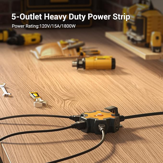 DEWENWILS 5-Outlet Garage Power Strip, 6Feet Heavy Duty Extension Cord, 14Gauge SJTW for Indoor Outdoor, 15AMP Overload Protection, Swivel Safety Covers, ETL Listed