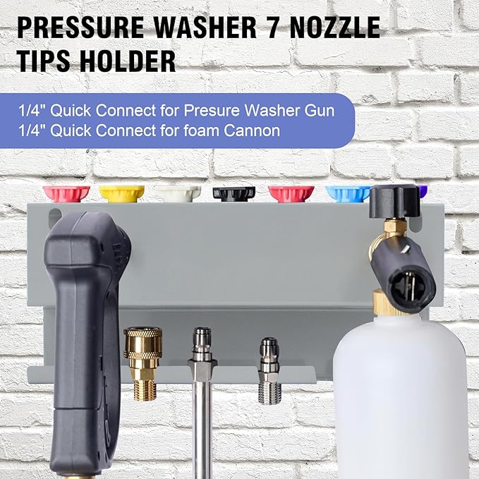 Pressure Washer Gun Holder, Wall Mounted Foam Cannon & Car Wash Accessories Storage Rack for Wand Extension and Nozzle Tips, Fits 1/4" Quick Connector, Gray