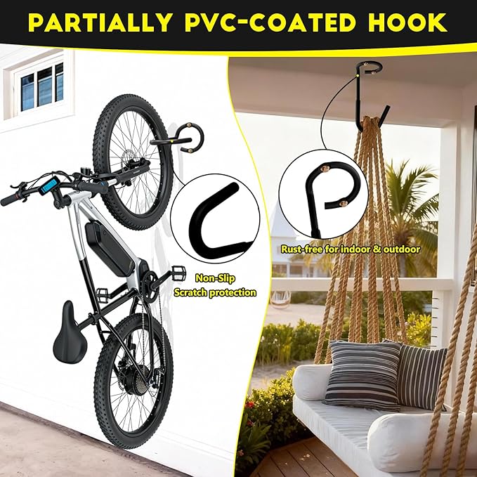 2pcs 9.45in Garage Hooks Heavy Duty 330 LBS Steel Garage Hanging Hooks Anti-Slip Coating for Hanging Ladder, Bikes, Fitness Sand Bags, Garden Carts, Wall and Garage Ceiling Hooks