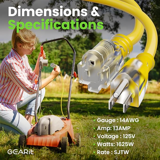GEARit 100 Ft Extension Cords 14/3 Gauge Outdoor/Indoor SJTW 14 AWG 3 Prong Heavy Duty Power Cable 13A 125V 1625W for Lawn, Garden, Appliances Yellow