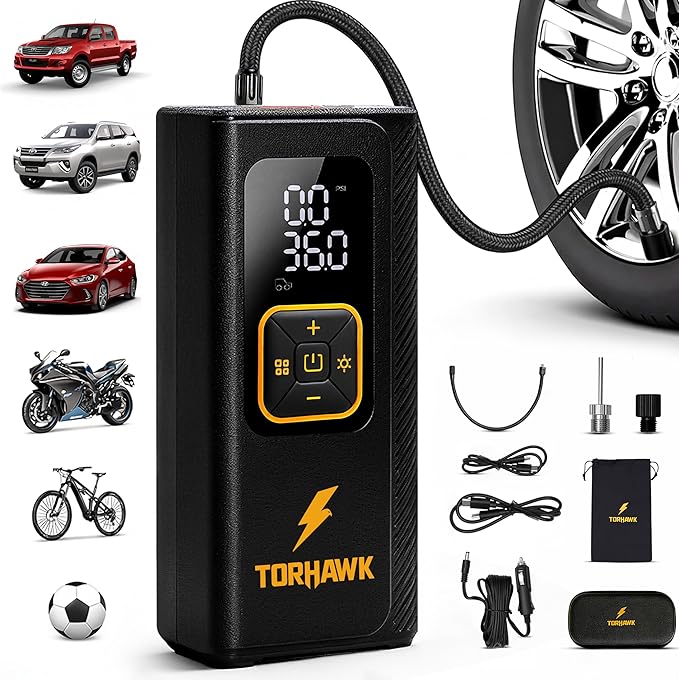 Heavy Duty Dual Cylinder Tire Inflator Portable Air Compressor - 160 PSI Dual Power Cordless Air Pump for Car, Truck, SUV - 12V DC & Rechargeable Battery, Digital Display, LED Light & Auto Shut-Off