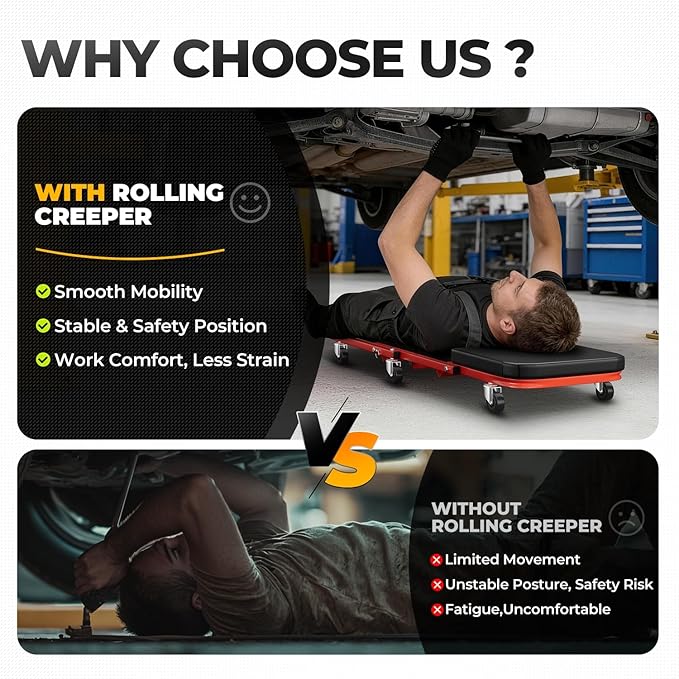 Auto Dynasty 40" Z-Creeper Seat, 2-in-1 Foldable Garage Creeper Shop Seat, 330 LBS Capacity Automotive Mechanic Repair Under Car Rolling Creeper Seat, Red