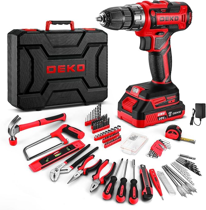 Red Drill Tool Kit Set: 20V Cordless Power Drill Tool Box with Battery Electric Drill Driver for Men Home Hand Repair Basic Toolbox Tools Sets Drills Case