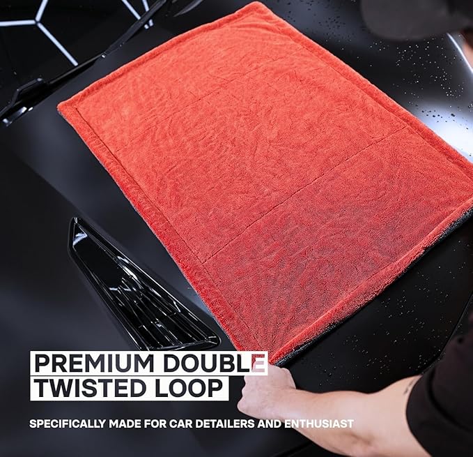 Juggernaut 1600 GSM Car Drying Towel, Holds 13 lbs, Extra Large 38x24 Microfiber Drying Towels Car Detailing, Twisted-Loop, Streak/Scratch-Free, 70/30 Blend (Red)
