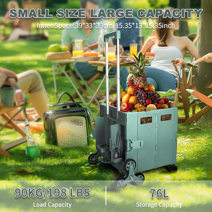 76L Folding Utility Cart Portable Rolling Crate Handcart Shopping Collapsible Tool Box with Stair Climbing Wheels,Hidden Lid,2 Rotate Wheels,for Grocery,Shopping,Office,Storage(Dark Green)