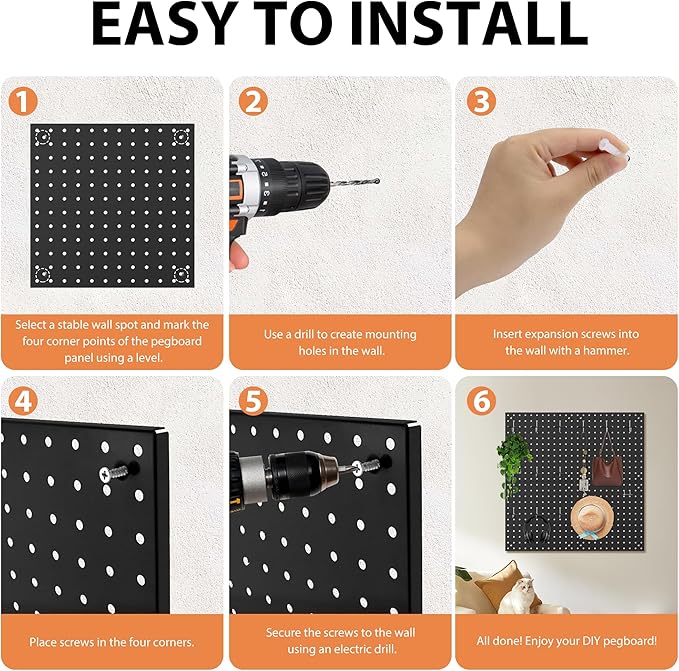 Peg Board,12"x12" Black Metal Pegboard Wall Organizer with Pegboard Accessories 8 Packs Metal Pegboard Panels