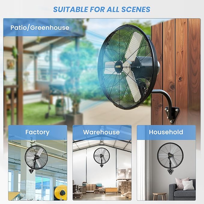 Outdoor Wall Mount Fan, 4 Speed Oscillating Wall Fan with All Sealed Brushless DC Motor, Heavy Duty Industrial Fans, Waterproof Fans for Patios, House, Garage, Warehouse, Factory, 24'' Power Control